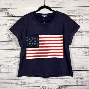 NWT Jodifl Ross American Flag Tee Shirt Size Large Cropped Distressed Navy Blue